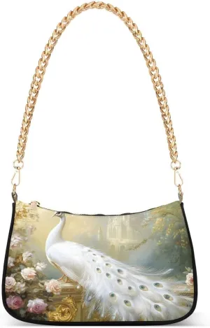 ALAZA White Peacock Peony Blossom Chian Shoulder Bag Handbags Tote Mini Clutch Purse Hobo Bag with Zipper Closure for Women