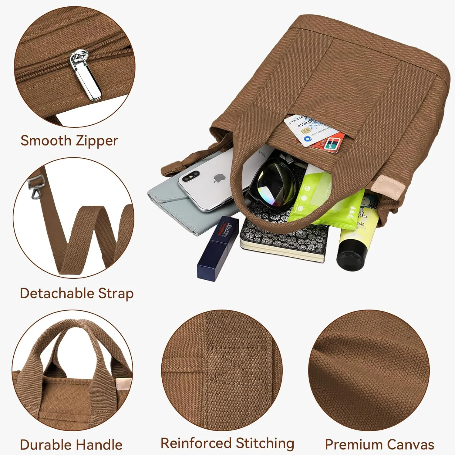 Canvas Tote Bag for Women Small Tote Bag with Zipper Crossbody Bag Shoulder Handbag Work Travel Tote with Compartments