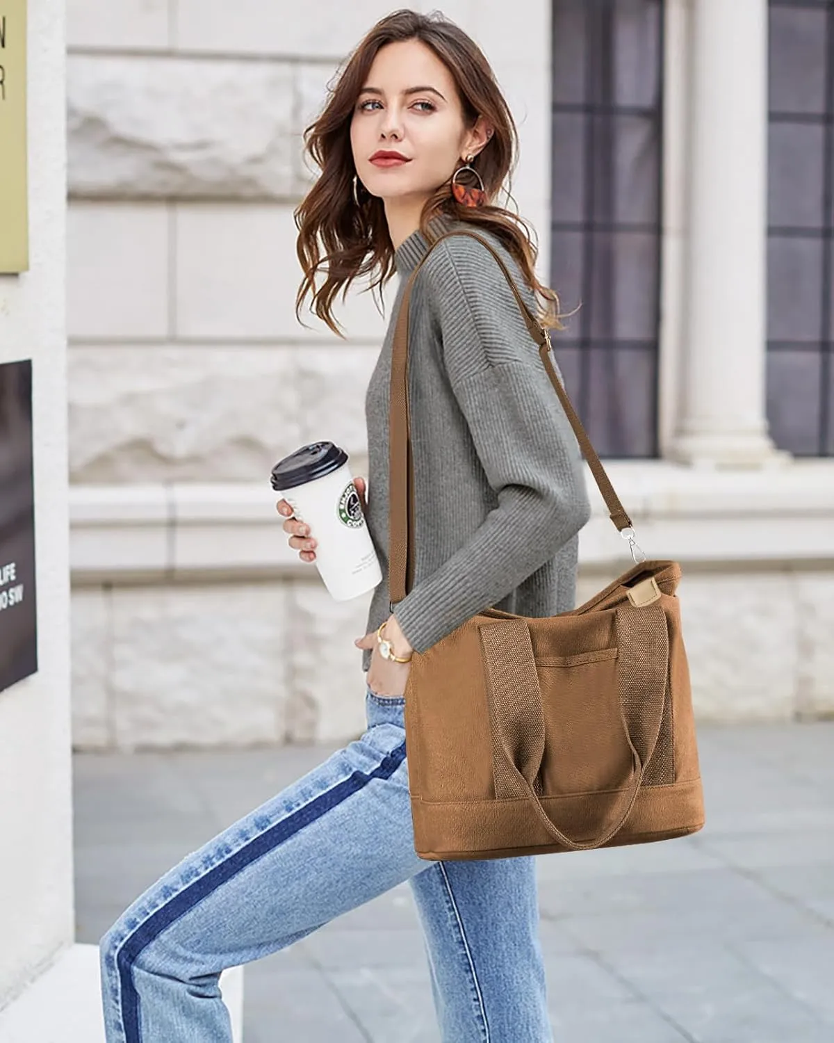 Canvas Tote Bag for Women Small Tote Bag with Zipper Crossbody Bag Shoulder Handbag Work Travel Tote with Compartments