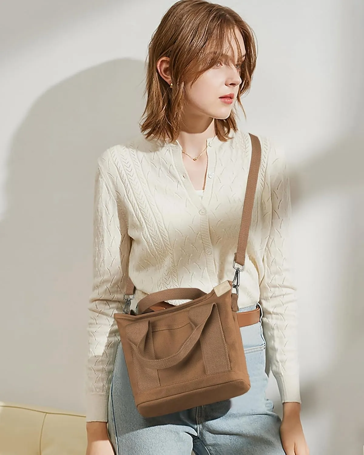 Canvas Tote Bag for Women Small Tote Bag with Zipper Crossbody Bag Shoulder Handbag Work Travel Tote with Compartments