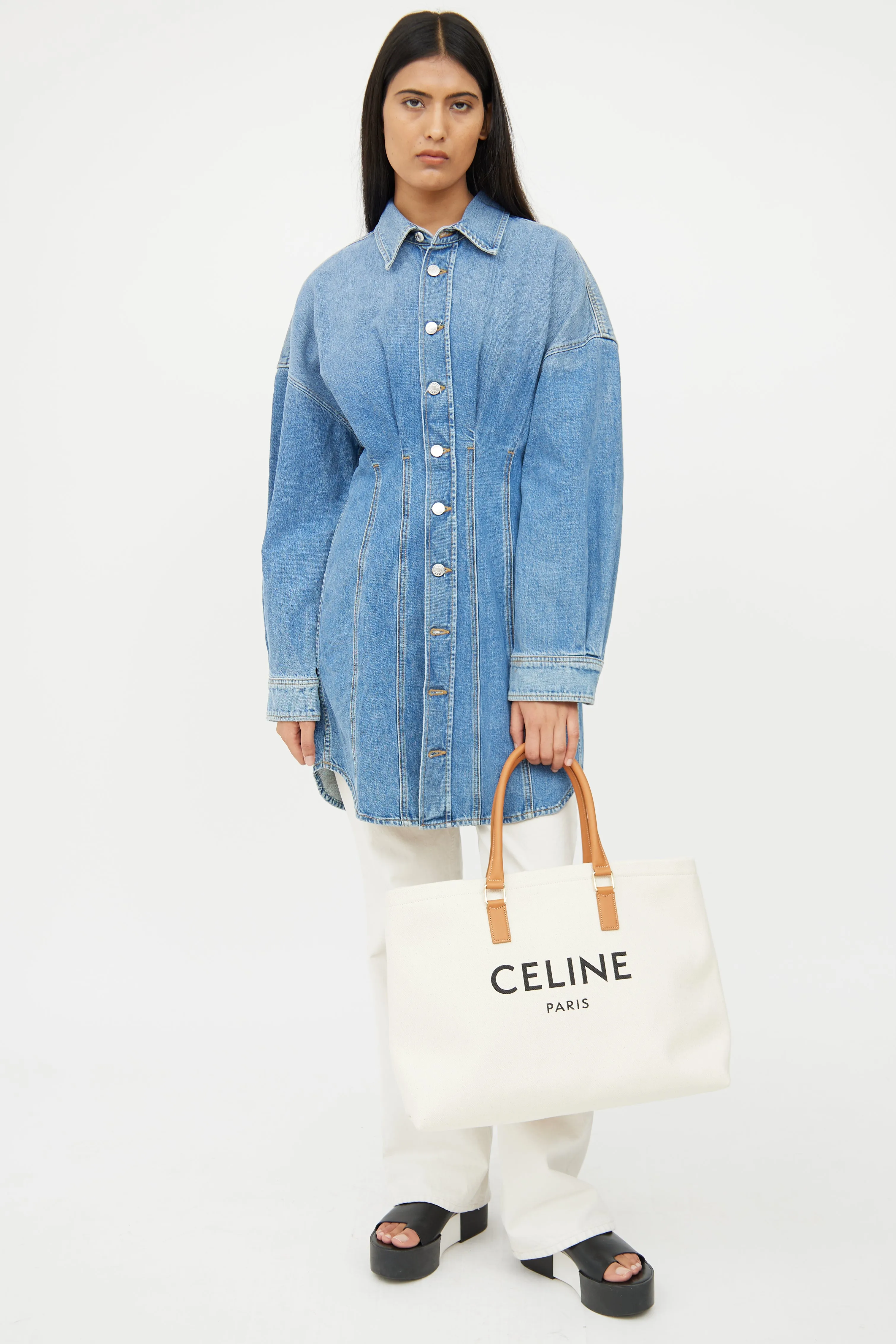 Cream & Brown Cabas Canvas Horizontal Tote Bag