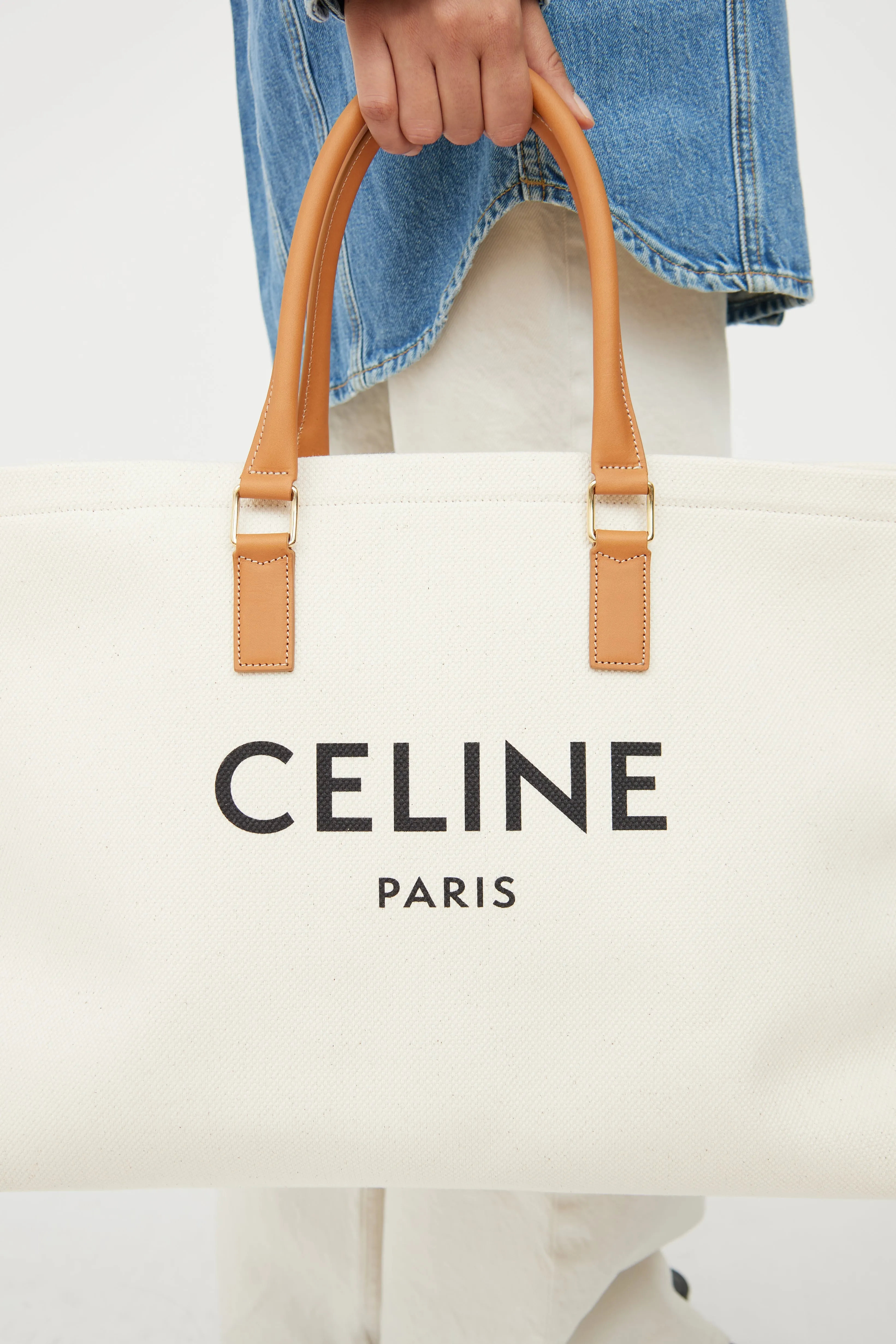 Cream & Brown Cabas Canvas Horizontal Tote Bag