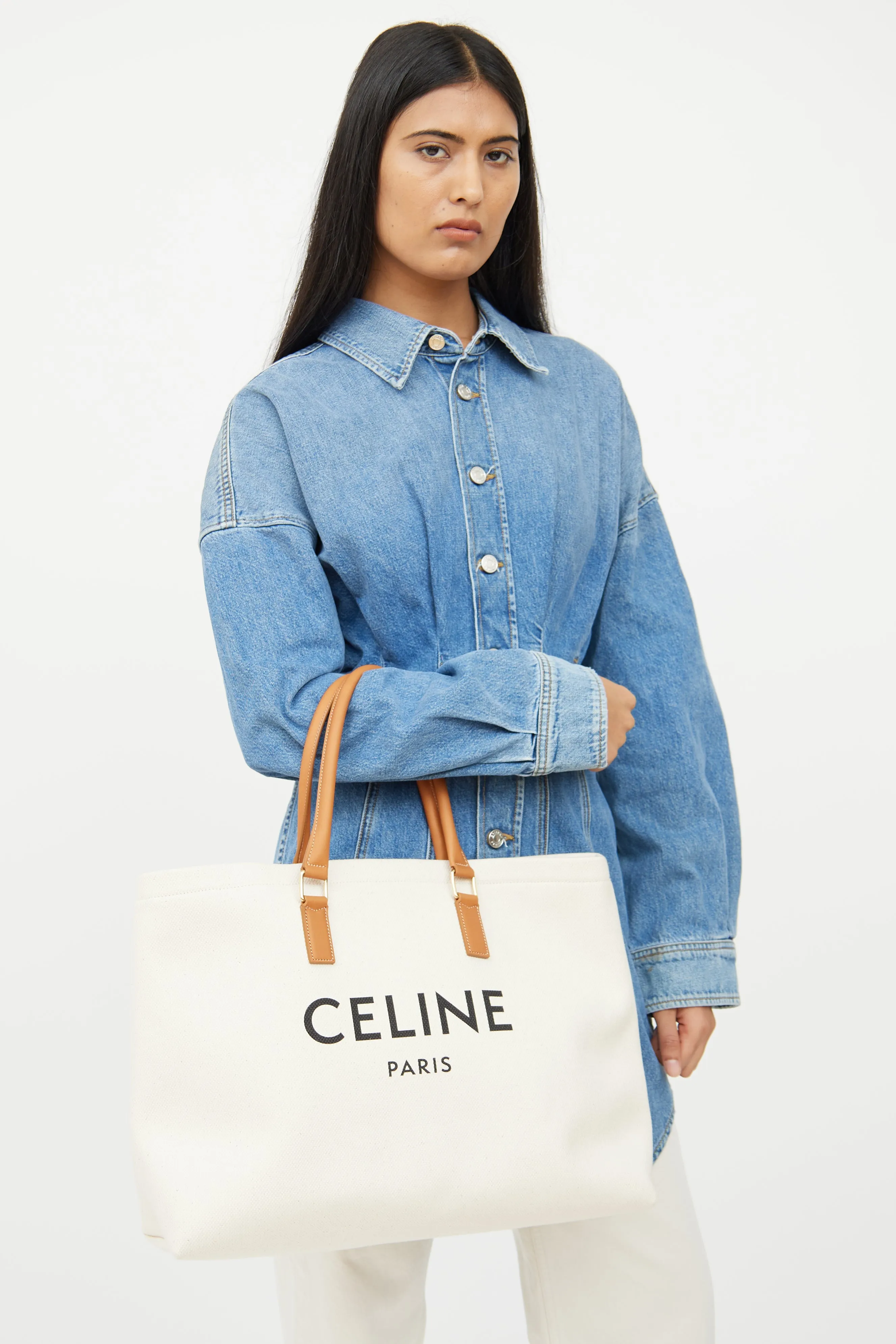 Cream & Brown Cabas Canvas Horizontal Tote Bag
