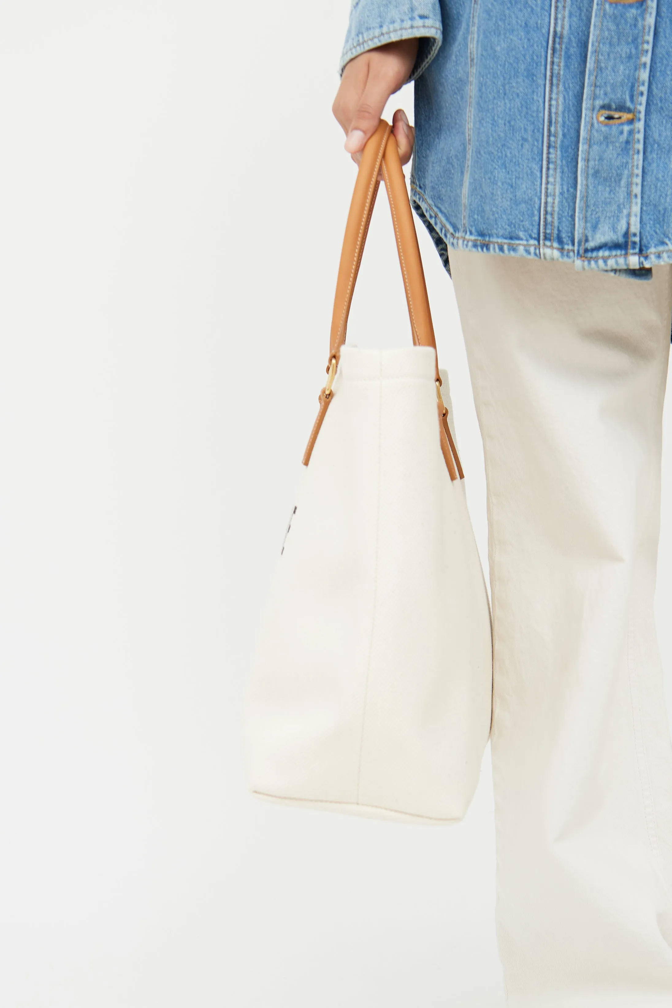 Cream & Brown Cabas Canvas Horizontal Tote Bag