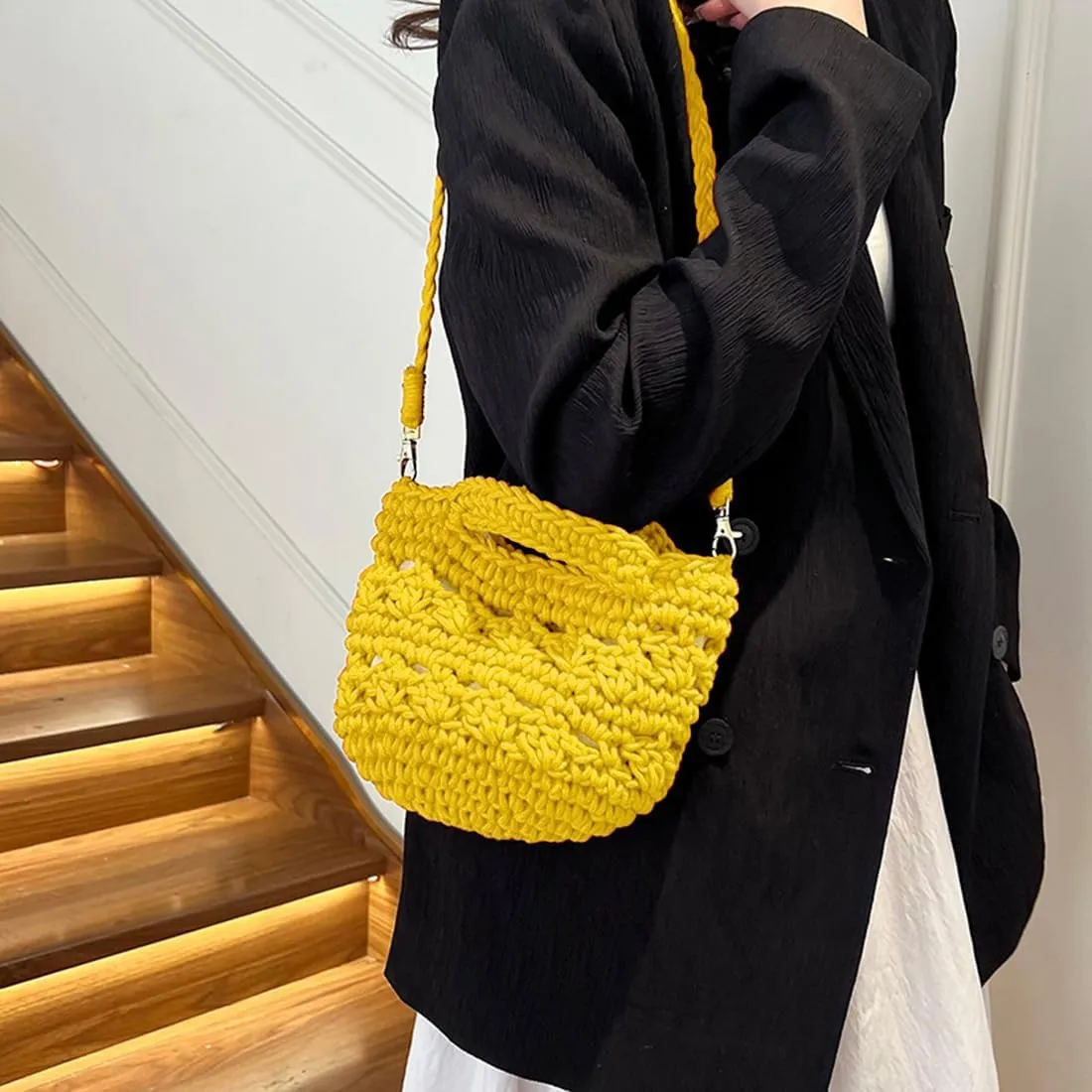 Handwoven Crossbody Handbag Summer Beach Bucket bag Cotton Crochet Shoulder Bag Basket Purse for Women