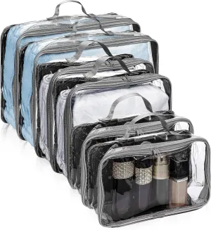 Hillban 6 Pcs Gray Large Clear Travel Packing Cube 3 Sizes See-through PVC Organizer for Suitcase Multipurpose Pouch with Handle Vinyl Zippered Storage Bags Luggage Cube Organizer
