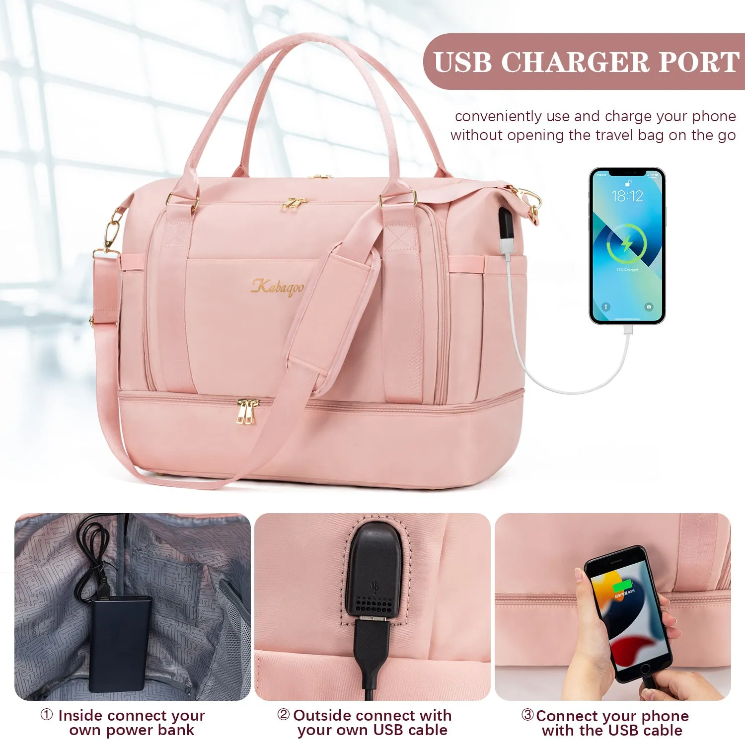 Large Carry Travel Duffel HandBag with USB Charging Port