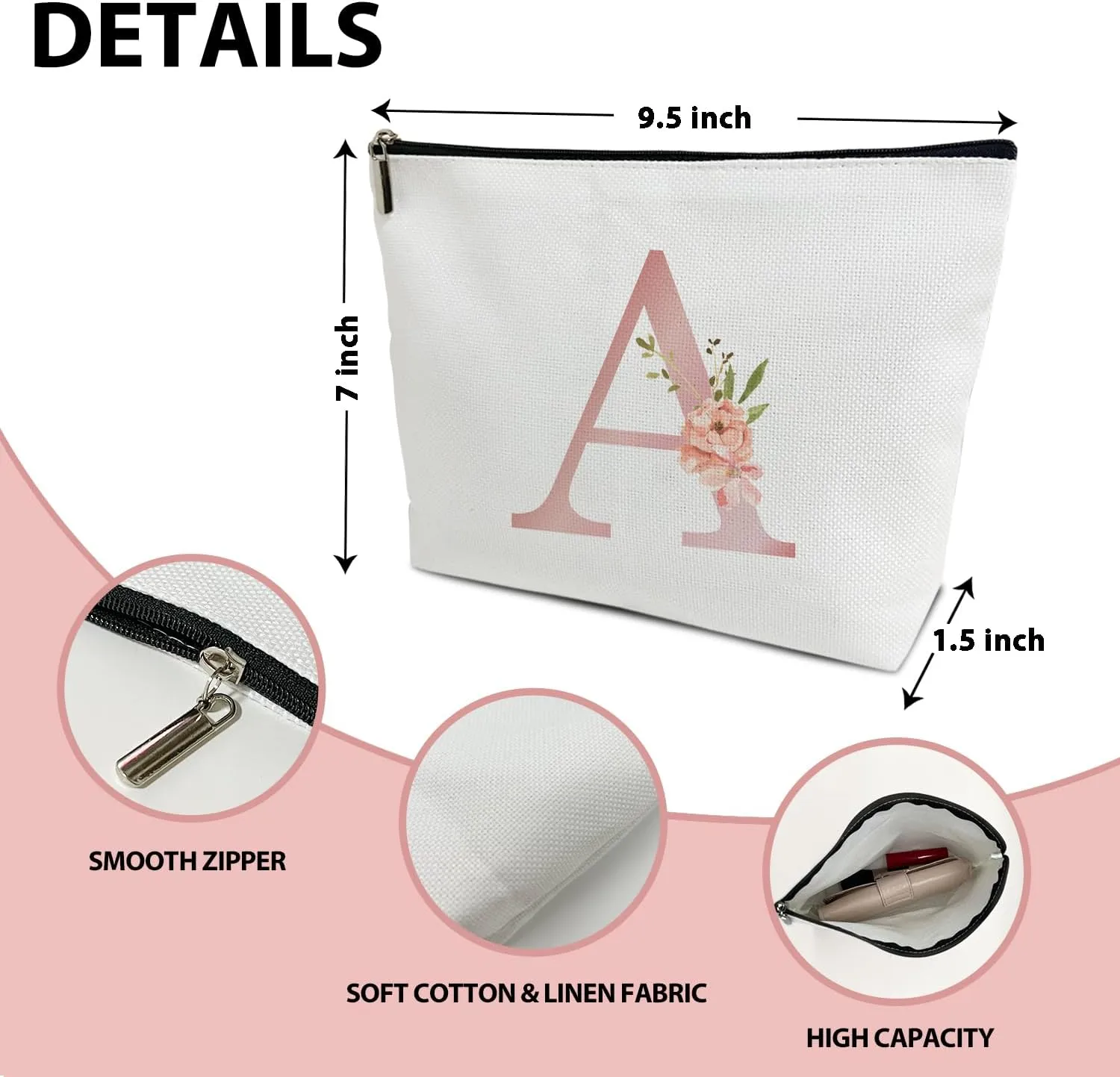Personalized Initial A-Z Floral Makeup Bag, Gift for Women Sister Mom Friend Daughter, Monogram Travel Organizer Cosmetic Bags with Zipper, Wedding Gift For Bride Bridesmaid Letter Toiletry Bag -A