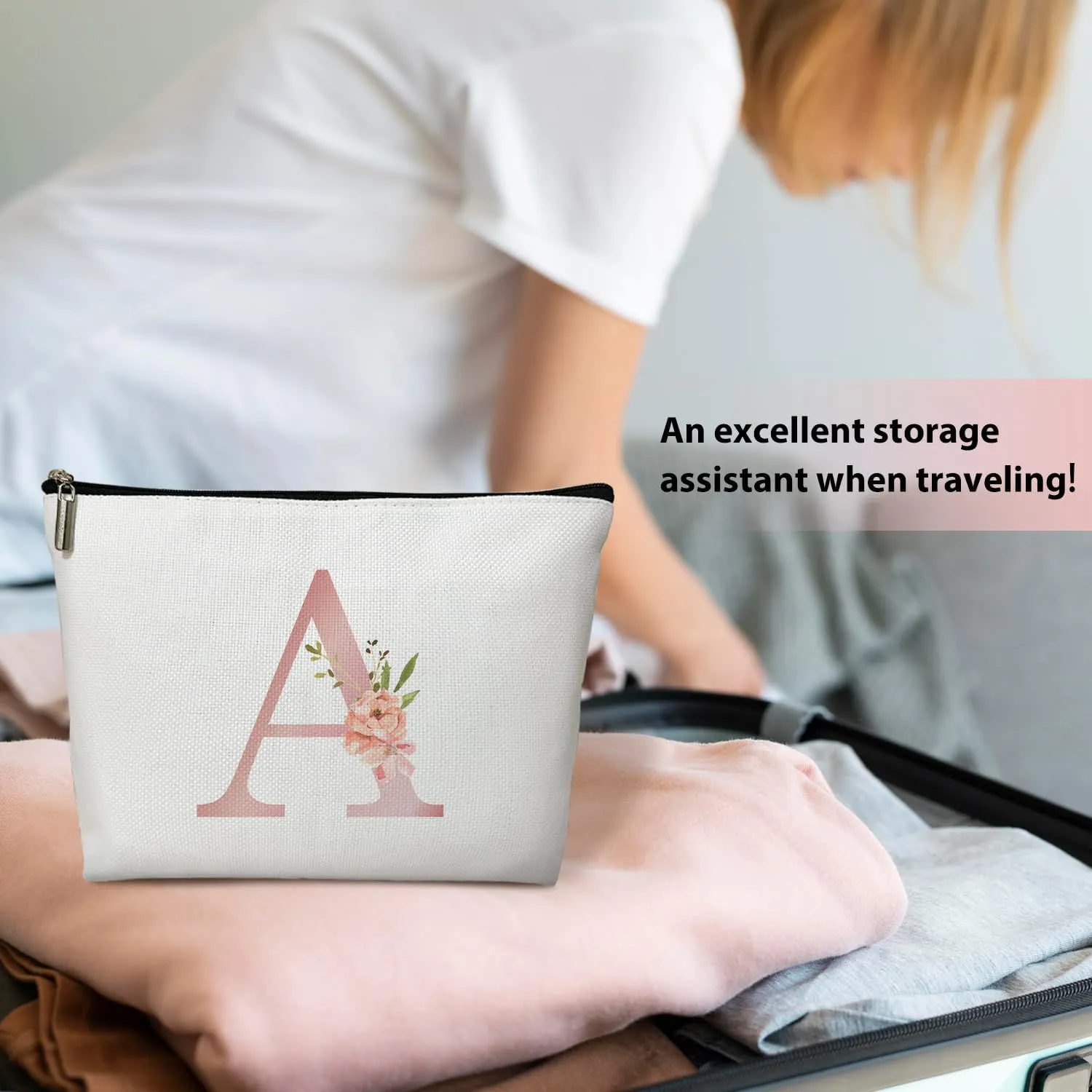 Personalized Initial A-Z Floral Makeup Bag, Gift for Women Sister Mom Friend Daughter, Monogram Travel Organizer Cosmetic Bags with Zipper, Wedding Gift For Bride Bridesmaid Letter Toiletry Bag -A