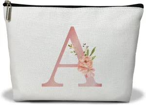 Personalized Initial A-Z Floral Makeup Bag, Gift for Women Sister Mom Friend Daughter, Monogram Travel Organizer Cosmetic Bags with Zipper, Wedding Gift For Bride Bridesmaid Letter Toiletry Bag -A