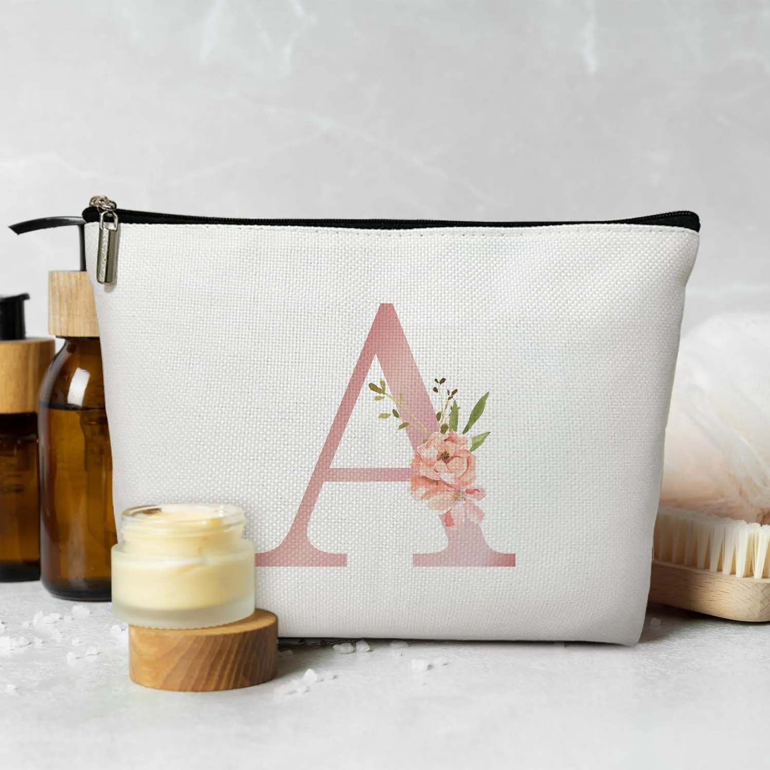 Personalized Initial A-Z Floral Makeup Bag, Gift for Women Sister Mom Friend Daughter, Monogram Travel Organizer Cosmetic Bags with Zipper, Wedding Gift For Bride Bridesmaid Letter Toiletry Bag -A