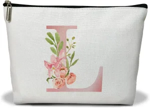 Personalized Initial A-Z Floral Makeup Bag, Gift for Women Sister Mom Friend Daughter, Monogram Travel Organizer Cosmetic Bags with Zipper, Wedding Gift For Bride Bridesmaid Letter Toiletry Bag -L