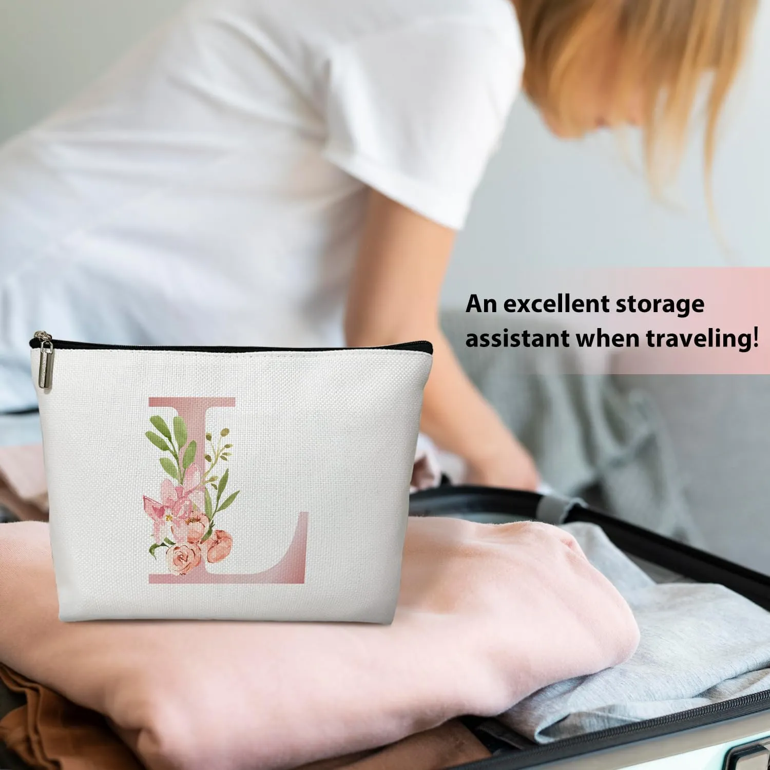 Personalized Initial A-Z Floral Makeup Bag, Gift for Women Sister Mom Friend Daughter, Monogram Travel Organizer Cosmetic Bags with Zipper, Wedding Gift For Bride Bridesmaid Letter Toiletry Bag -L