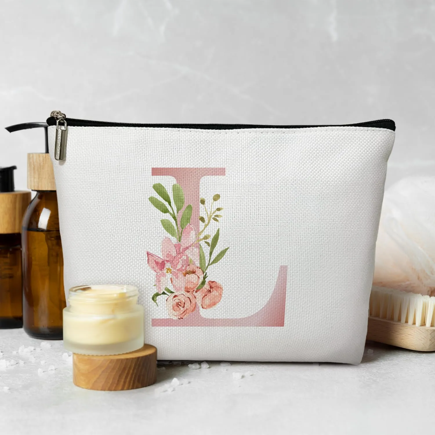 Personalized Initial A-Z Floral Makeup Bag, Gift for Women Sister Mom Friend Daughter, Monogram Travel Organizer Cosmetic Bags with Zipper, Wedding Gift For Bride Bridesmaid Letter Toiletry Bag -L