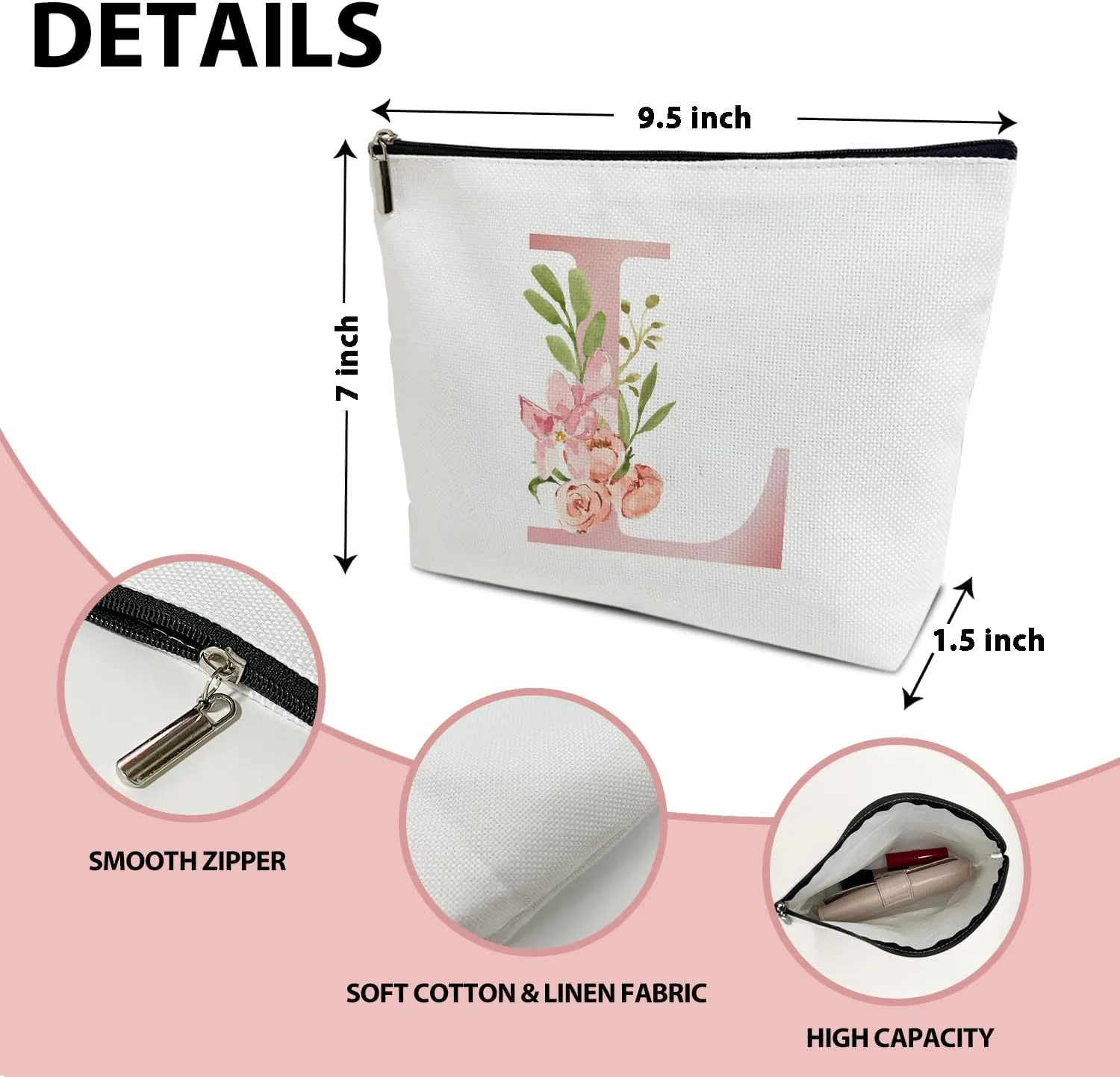 Personalized Initial A-Z Floral Makeup Bag, Gift for Women Sister Mom Friend Daughter, Monogram Travel Organizer Cosmetic Bags with Zipper, Wedding Gift For Bride Bridesmaid Letter Toiletry Bag -L