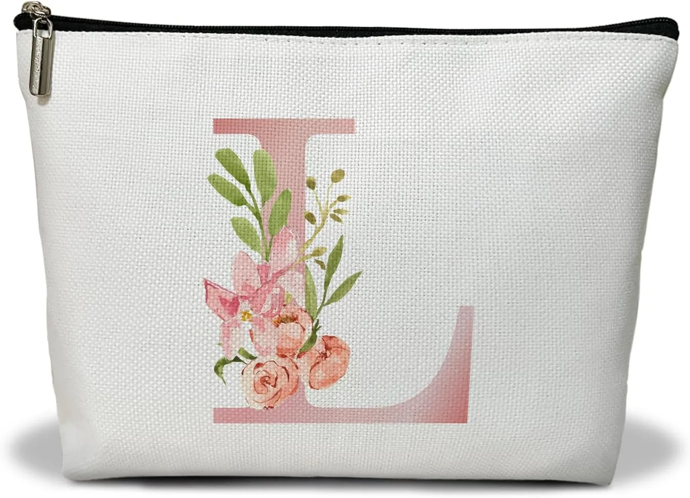 Personalized Initial A-Z Floral Makeup Bag, Gift for Women Sister Mom Friend Daughter, Monogram Travel Organizer Cosmetic Bags with Zipper, Wedding Gift For Bride Bridesmaid Letter Toiletry Bag -L
