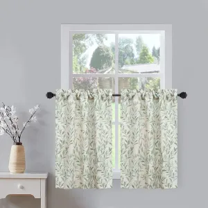VOGOL Tier Curtains, Leaves Pattern Rustic Style Curtain for Kitchen, Top Pocket Window Tiers Green Leaf Print Valances for Bathroom Bedroom, 2 Panels, 30 x 36 Inch