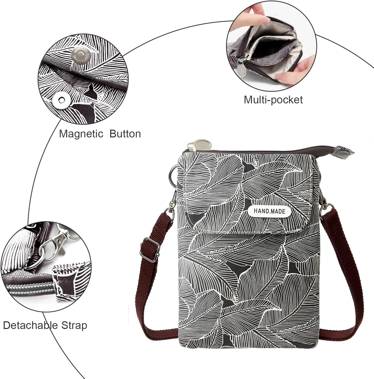 WITERY Leaf Pattern Canvas Cell Phone Purse Wallet Lightweight Small Crossbody Purse Bags for Women Girls