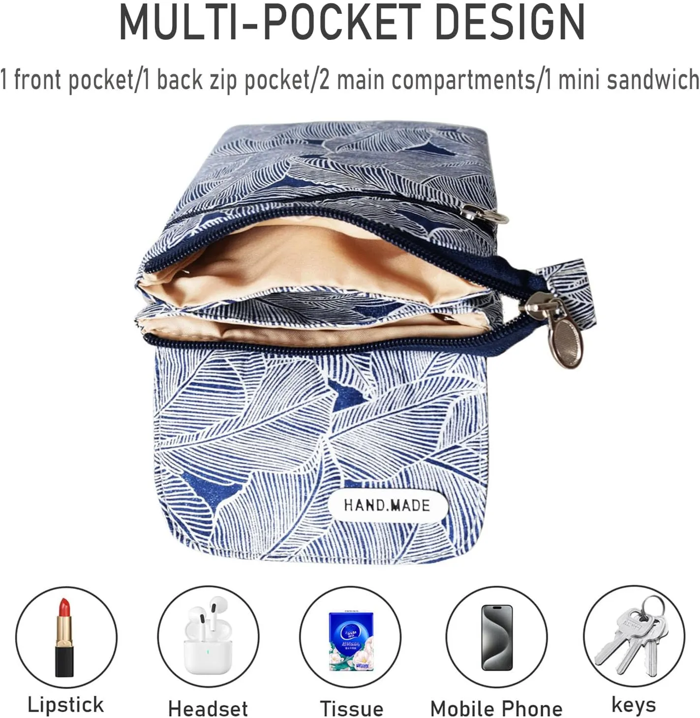 WITERY Leaf Pattern Canvas Cell Phone Purse Wallet Lightweight Small Crossbody Purse Bags for Women Girls