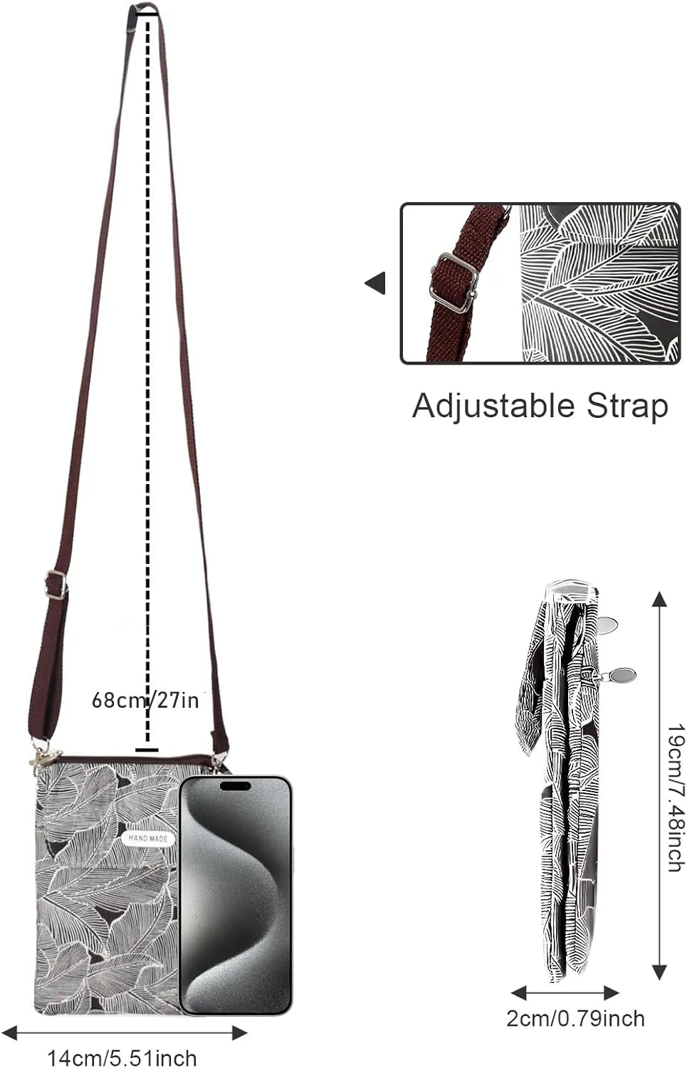 WITERY Leaf Pattern Canvas Cell Phone Purse Wallet Lightweight Small Crossbody Purse Bags for Women Girls