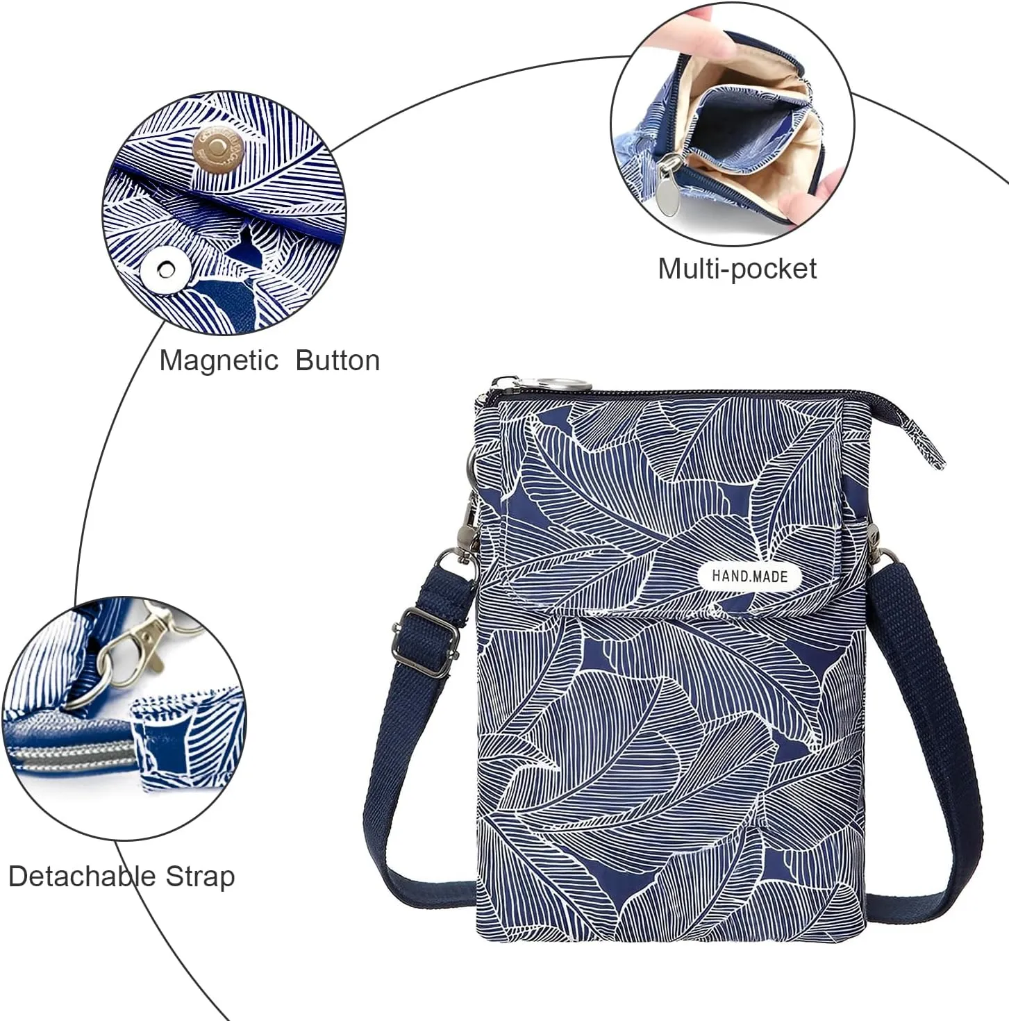 WITERY Leaf Pattern Canvas Cell Phone Purse Wallet Lightweight Small Crossbody Purse Bags for Women Girls