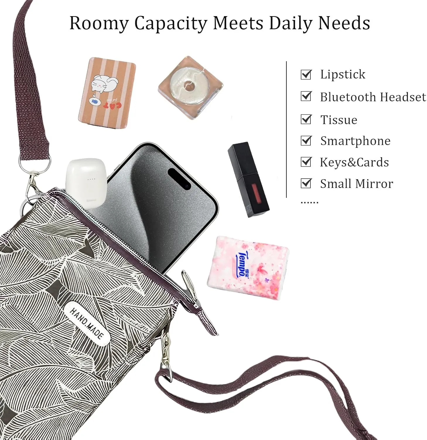 WITERY Leaf Pattern Canvas Cell Phone Purse Wallet Lightweight Small Crossbody Purse Bags for Women Girls